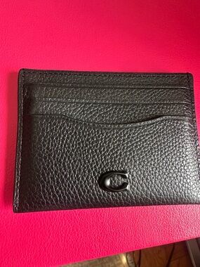 Coach Black Pebbled Leather Card Holder with Signature 'C'